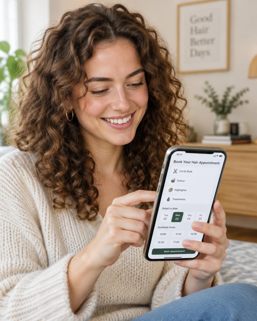 A client booking a hair appointment on her phone